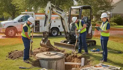 Septic repair technician servicing Tucson, AZ home with plumbing equipment on site