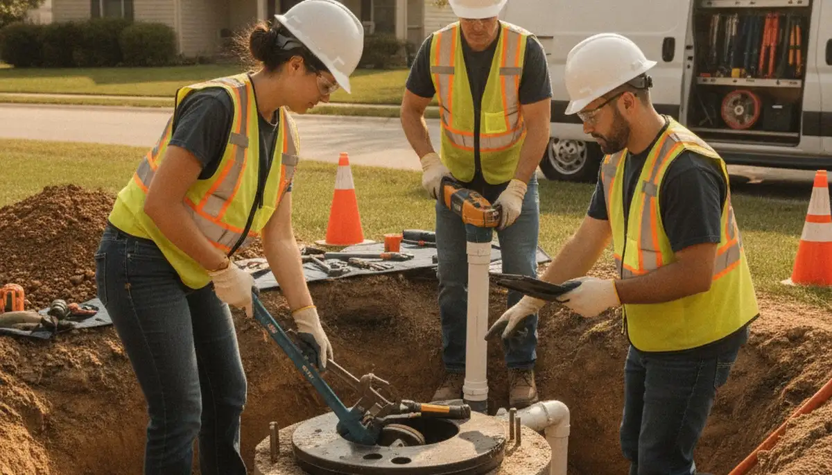 Septic repair technician servicing Tucson, AZ home plumbing system during emergency inspection