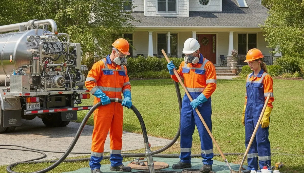 Tucson, AZ plumbers cleaning a septic tank for reliable residential sewer service