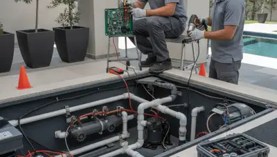 Spa repair technician servicing a home spa in Tucson, AZ for reliable plumbing repair