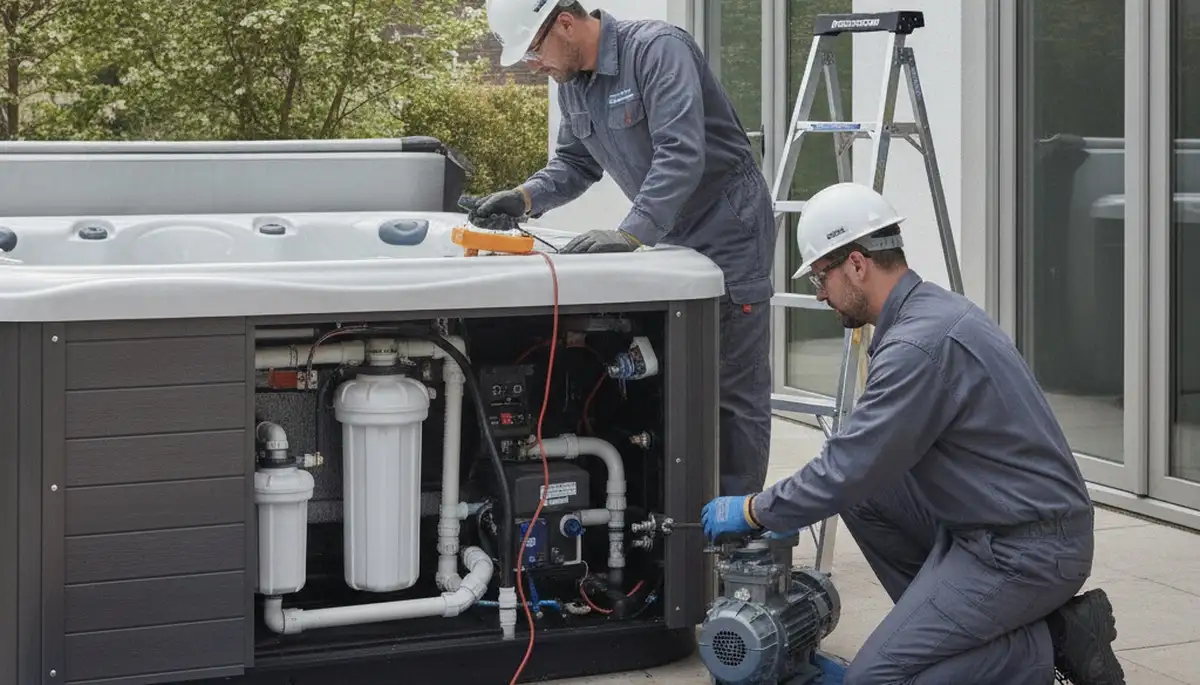 Spa repair technician servicing a home spa in Tucson, AZ for emergency plumbing maintenance